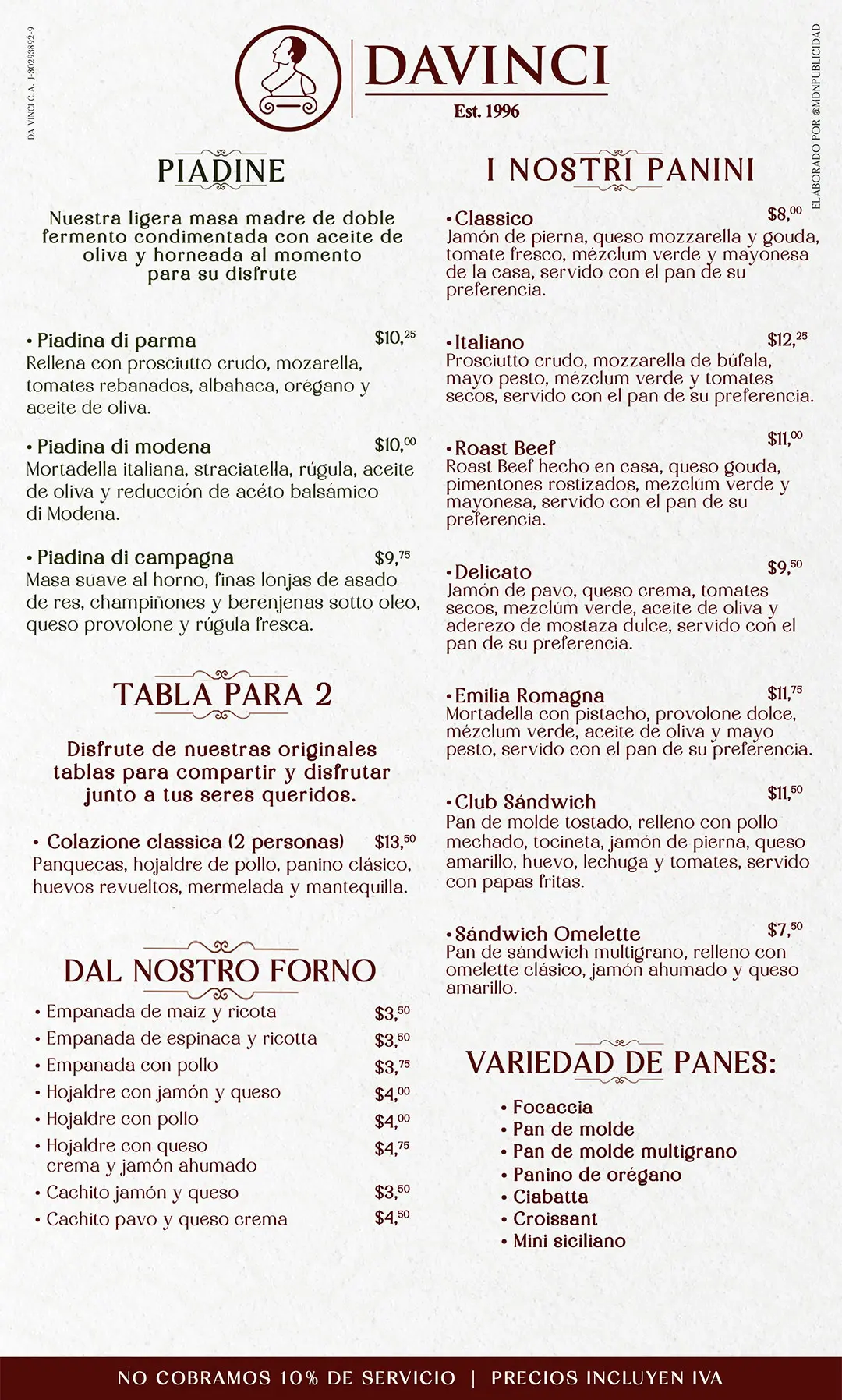 Da Vinci menu 3